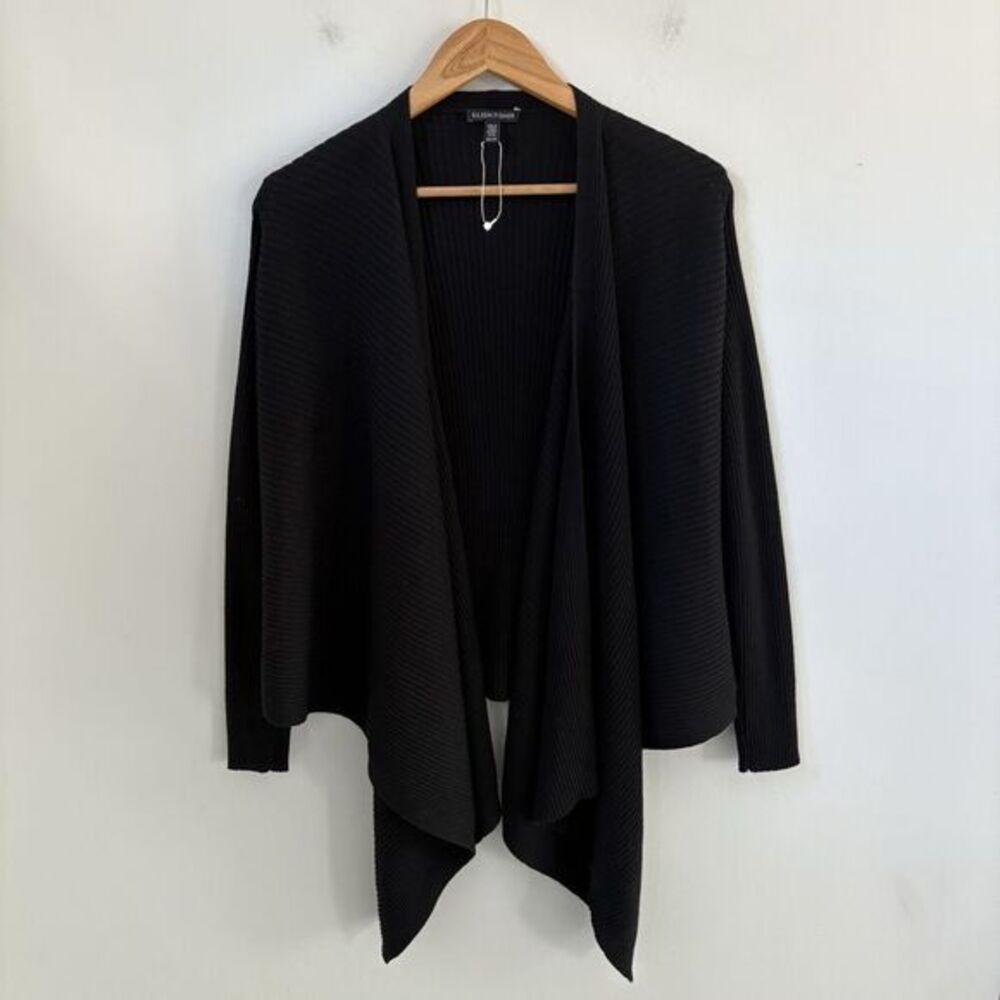 Eileen Fisher Wool Cardigan XS Black Oversized Open Front Draped Sweater NWOT